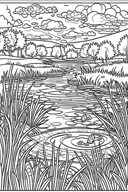 coloring page, pond in the field, cartoon style, thick lines, low detail, no shading