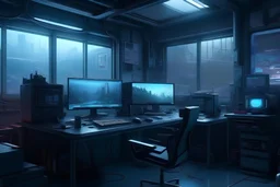 Cyberpunk studio, desk, window, computer screens,