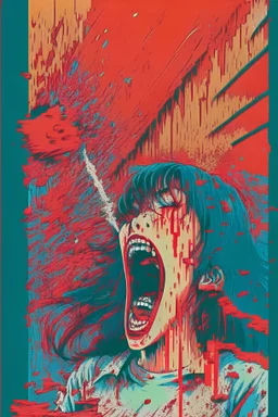 90s Japanese horror illustration, cartoonist Anime art, a woman screaming beheaded, bloody, splatter, gore art, pixelated art, high definition, giallo style, dario argento,