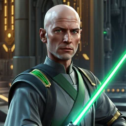 star wars bald male corellian jedi pilot wearing black and gunmetal grey old republic armored robes with gold trim inside the jedi temple holding a lightsaber with viridian green blade in left hand, centered head and shoulders portrait, hyperdetailed, dynamic lighting, hyperdetailed background, 8k resolution, volumetric lighting, light skin, fully symmetric details