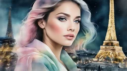 woman, Paris, night, watercolor, glow, transparency, lumen, professional photo, 3d, 64k, high resolution, high detail, computer graphics, hyperrealism, f/16, 1/300 s. digital painting, double exposure, colors: white, silver, gold, gray, delicate pink, delicate green, blue, photorealistic painting, tenderness, torn edges, cracks,