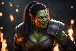 Fearsome female Orc, Frightening, Fangs, Cinematic lighting, Volumetric lighting, Epic composition, Photorealism, Bokeh blur, Very high detail, Sony Alpha α7, ISO1900, Character design, Unreal Engine, Octane render, HDR, Subsurface scattering