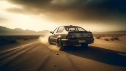 Capture a cinematic wide-angle shot featuring a 1998 Honda Civic racing through a post-apocalyptic desert road during a sandstorm. Embrace a post-apocalyptic photography style for a realistic yet dramatic atmosphere, emphasizing the importance of achieving a cinematic look. Depict the Honda Civic as resilient in this transformed world, navigating the harsh desert conditions and swirling sandstorm with speed and intensity.