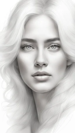 A beautiful face of woman all white skin, white eyes, white hair on a white background, pencil drawing style