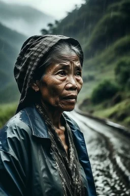 Gambar wanita Indonesia sedang hujan dijalan pegunungan