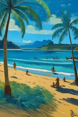 A blue beach with Hawaiian tikis painted by Paul Gauguin