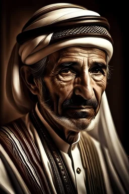Please create an image of an Arab man with a wise and generous appearance. A man should have a thoughtful expression on his face that reflects his wisdom and life experience. Make sure he is wearing traditional Arabic clothing, such as a thobe or kandura, and that the photo captures the essence of his cultural heritage.