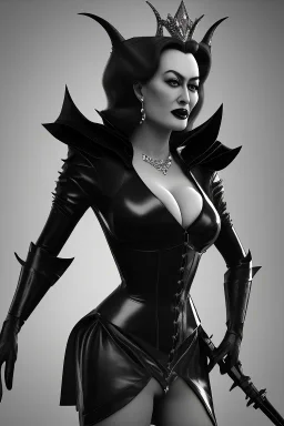 Joan Crawford as evil queen in black leather, busty, cleavage, dominatrix, curvy, angry, stern look. unreal 5, octane render, cinema4d, dynamic lighting, dramatic lighting, 4k, redshift render, highly detailed, hyper realistic,anthropomorphic black wolf long