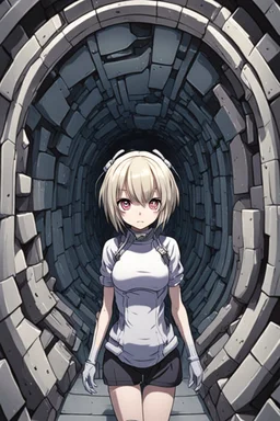 Anime girl crushed inside claustrophobic really in Biomechanoid tunnel.