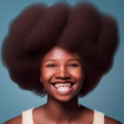 ultra realistic, volumetric fog, overglaze, analog photo, polaroid, 100mm, film photography, dslr, cinema4d, studio quality Ultra realistic photo. volumetric lighting , scientist. Young black woman, dark skin black woman. young, big smile. Joy. smiling. Afro futurism. Afro puffs. Blue hair. Ombré hair Cotton candy. Futuristic cities in background. Space. Space travel. Silver. Cities