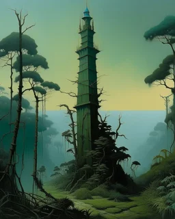 A bluish green tower in a toxic jungle painted by Caspar David Friedrich