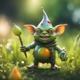 snail gremlin t-pose upper body of gnome goblin orc made from tinted murano glass in long grass inspecting a melon ,bokeh like f/0.8, tilt-shift lens 8k, high detail, smooth render, down-light, unreal engine,bokeh like f/0.8, tilt-shift lens 8k, high detail, smooth render, down-light, unreal engine