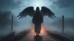 walking straight ahead over a wooden bridge, holding the angel of death with your right hand, entering the fog at the end of the road that leads to the afterlife, and a beautiful sunset and galaxy's behind the fog, realistic