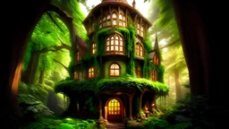 An enchanting view of a magical 'Hotel California' nestled in the heart of a lush, mystical forest. The ethereal architecture of the hotel features a harmonious blend of majestic towering tree trunks, leaf-canopied balconies, and windows glowing softly with ambient light. Each room has a unique symbol inscribed on the door, signifying the type of wish granted to occupants. A diverse group of guests can be seen wandering around, enthralled by the marvels unfolding before them. Above the treetops,