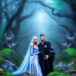 crazy detail, magical forest background, waterfall, blue but cloudy skies, portrait of man in black shiny robes and grand sleazy lady wearing soft robes and gloves, lively eyes, framed by foliage, runes on dices, warm light, holding up scroll