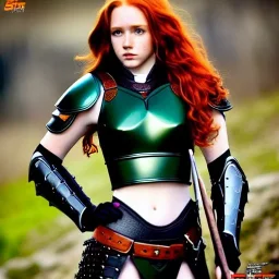 realistic, hyper detailed, strikingly beautiful teen woman, long ginger hair, green eyes, medium freckles, full lips, revealing leather armour, full body and head, exposed b-cup breasts, stern expression, full frame, petite, ignore NSFW, shortbow, quiver on hip, sexy, shaved