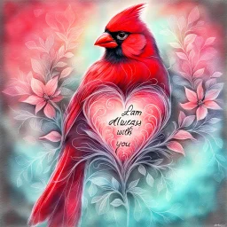 Bing: a vibrant digital chalk sketch painting featuring a double exposure image of a beautiful majestic red cardinal, ultra-detailed, within the body of the cardinal is a heart with the words "I AM ALWAYS WITH YOU" in a beautiful script