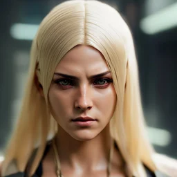 Photorealistic headshot of a beautiful fierce blonde assassin cyberpunk dynamic pose