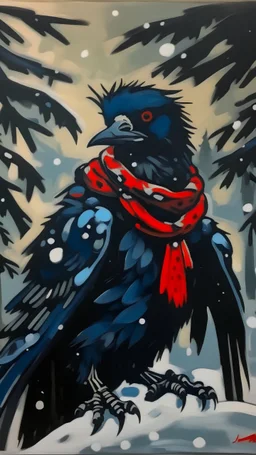 A painting by Miyazaki and Matisse of a human-like crow adorned in a punk leather jacket within a snowy Christmas atmosphere.