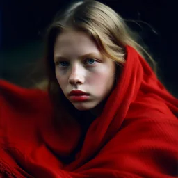 Mia goth under a red blanket, in the wind, autochrome, baroque