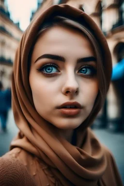 beauty girl,eyeballs brown , big nose,cream clothes,hijab brown color,thin lips,background blue in paris