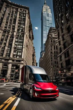 A Tesla semi-truck is racing at top speed, near the "Empire State Building' in New York. CINEMATIC. WIDE ANGLE LENS. PHOTO REAL.