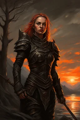 A formidable warrior girl in black armor, against the background of an amazing gloomy landscape flooded with sunset, mountains, trees, a fabulous scary hero, juicy emotions, painting, gloomy fantasy, gloomy day, dark world, portrait, oil and graphite, wide strokes, a weaving frame around