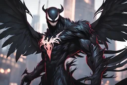 Venom in 8k solo leveling shadow artstyle, crow them, feathers, big wings, neon effect, close picture, full body, apocalypse, intricate details, highly detailed, high details, detailed portrait, masterpiece,ultra detailed, ultra quality