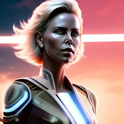 Charlize Theron, Cyborg anime samurai, cyberpunk, white skin, light blonde short hair, pixie hair, cobalt eyes, waist up portrait, 8k resolution, retroanime, intricate details, neon details, soft lighting, vibrant colors, masterpiece, intricate eyeliner, dark eyeshadow, eyes, intricate tattoos, gradient background