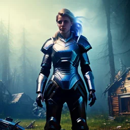 dark and gloomy full body 8k unity render, female teen cyborg, Blue yonder hair, wearing broken battle armor, at cluttered and messy shack , action shot, tattered torn shirt, porcelain cracked skin, skin pores, detailed intricate iris, very dark lighting, heavy shadows, detailed, detailed face, (vibrant, photo realistic, realistic, dramatic, dark, sharp focus, 8k)