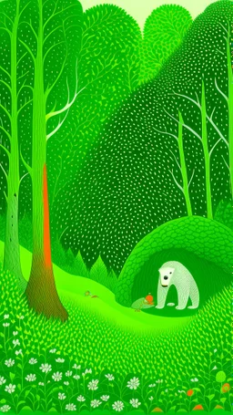 Lime green woods with a bear cave designed in Indian Gond art painted by Edward Hicks