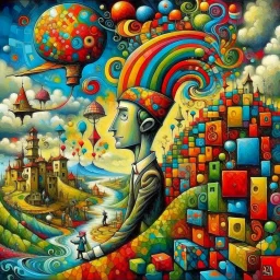 Create a surreal image that represents, in a creative way, the following concept: 'It's A Lucky Man Who's Happy With His Place In Life.' Surreal composition, in style by Richard Burlet and Esao Andrews Modifiers: fantasy very attractive beautiful imperial colors crisp quality colourful Jacek Yerka acrylic art pencil sketch Pop Art Paul Klee Banksy Pablo Picasso Esao Andrews Jan Vermeer abstract expressionism semolina pilchard dmt puff