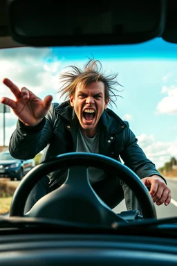 A very angry and bitter punk rocker driving around in a road circle screaming