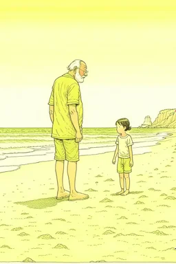 old man walking on beach with little child telling him about the wonders of life style of hiroku ogai