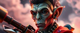 close up portrait with fine pores and real skin texture, clear transparent skin, wise eyes, hairy macho disco alien pimp indian Homunculus – living in a hi tech marvellous hot dog art graphics and gems on rocket with a mounted sling shot mega harpoon, heading for venus , background motion blur and smoke swirls