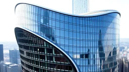 A sleek, cylindrical skyscraper featuring large, elliptical windows that curve along the building's surface. The reflective glass creates the illusion of movement as the windows stretch and warp around the tower, creating a dynamic, organic form. The building's smooth, uninterrupted curve contrasts with the angular city skyline. Award-winning photograph.