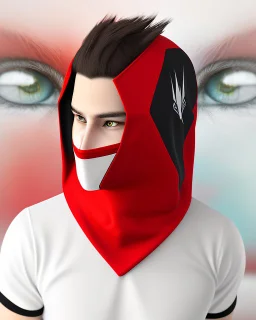 Draw an illustration with a red and black hood and a dragón mask over they eyes