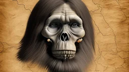 face of neanderthal in foreground parchment map of Europe background