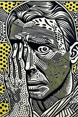 tribal man in grief with hands on face pencil draw style of roy lichtenstein