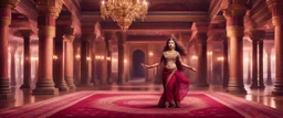 Hyper Realistic Beautiful Young smart Indian Queen Dancing in a traditionally beautiful Indian palace with traditional pillars with small fancy chandeliers & beautiful maroon carpet at night