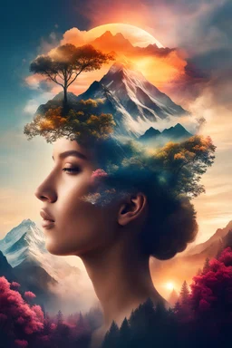 double exposure human-nature, trees, flowers, mountain, sunset, nature mind, expressive creative art, surrealistic concept art, ethereal landscape in a cloud of magic coming out the top of a woman head, incredible details, high-quality, flawless composition, masterpiece, highly detailed, photorealistic, 8k sharp focus quality surroundings