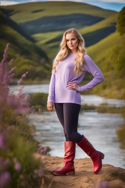 country side ,blue sky , mountains, pretty clouds ,small river with clear water and nice sands in floor,beautiful 18 year old girl with ash blonde hair and blue eyes with her curvy hair down, wearing a long-sleeved woollen top, and lilac long leggings, with long red boots full body standing pose shot