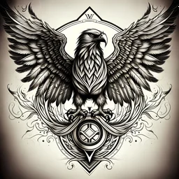 realistic depiction of the albanian double headed eagle as a tattoo, beneath the eagle, right underneath it's claws, the words ''Vini - Vidi - Vici'' are written with dots in between each word, and it curves perfectly with the albanian eagles wings as a wholesome and unique tattoo piece. Make the double headed eagle as similar to the simplistic eagle on the albanian flag.