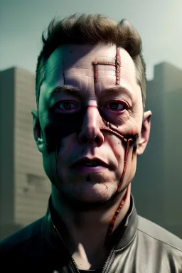 A portrait post-apocalypse cyborg ELON MUSK in a cyberpunk city, sci-fi fantasy style, 8k, volumetric lighting, particales,highly detailed,cinematic, deep scars on face,deep colours.