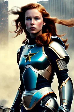 ultrarealistic, ruined city,__sci-fi armor__, __angles__, 18 year old woman, strikingly beautiful, ginger hair, _colour_, [__starlets__|__starlets__], (pale __skincolor__ skin:1.2), __camera__, _hair_, detailed face and eyes, medium breasts, leather choker, freckles, dynamic pose, resolved expression, __accessory__, strappy outfit, (straps:1.1), sword in scabard on left hip, (buckles, buttons, snaps, rings:1.0), haltertop style breastplate, detailed eyes, plump lips, sci-fi theme