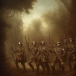 an historical army in the Woods, oasis , dark , torch , night