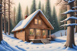 cabin in the woods, snow, sunshine, very detailed colored pencil drawing