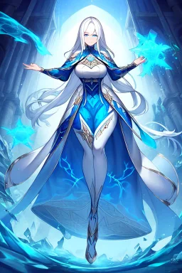 Full body de hermosa y malvada reina del hielo, pelo blanco, ojos azules luminosos, vestimenta intrincada, hiperdetallada, calidad ultra, increíble obra de arte