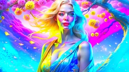 ((best quality)),((masterpiece)),ultra detailed background ((Cherry Blossoms)),(30 years old Sweedish gorgeous smiling woman), medium breast,wearing flowing dress, golden blue flowing hair glamour,(blue eyes),beautiful face,((white mists:1.4)),(pink dust:1.2),mysterious,mysteries of galactic universe,yellow lightnings,volumetric lightnings,dark and blurry background,