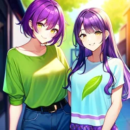 8k, Girl, high quality, detailed, purple hair, lime eyes, beautiful lighting, vibrant colors, casual clothes, smiling